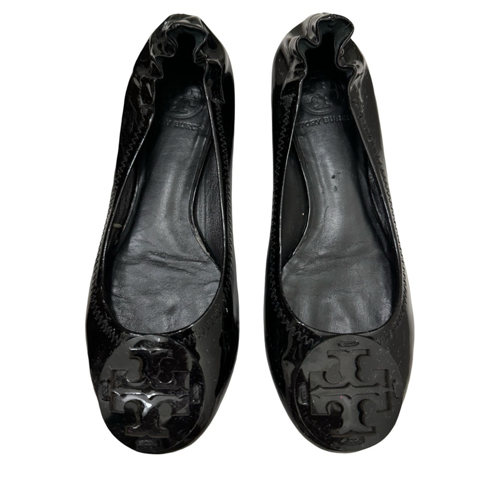 Tory Burch Reva Black Patent Leather Logo Ballet Flats Shoes Woman’s 6